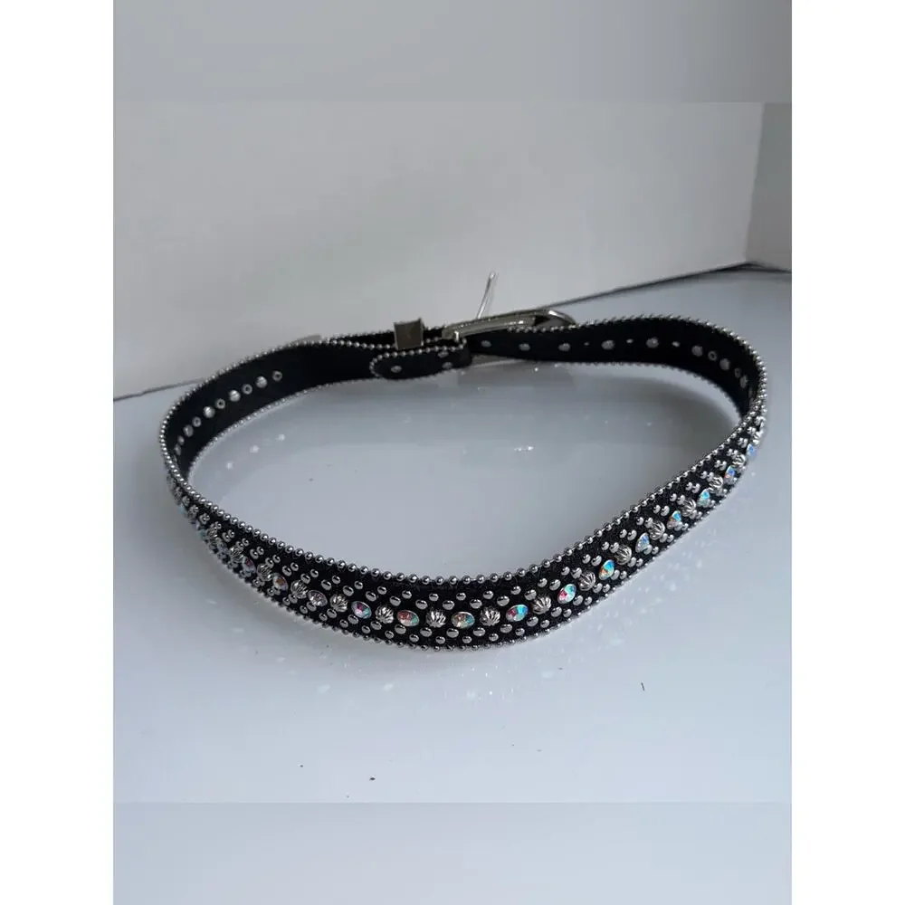 VINTAGE Y2K Black Rhinestone Western Cowgirl Rodeo Belt with Silver Buckle 36 in
